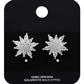 White Gold Dipped Floral CZ Stone Stud Earrings