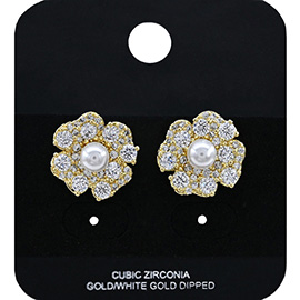 Gold Dipped Pearl Accent CZ Stone Paved Petal Flower Stud Earrings