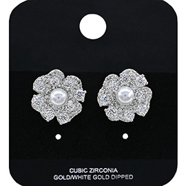 White Gold Dipped Pearl Accent CZ Stone Paved Petal Flower Stud Earrings