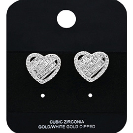 White Gold Dipped CZ Stone Embellished Heart Stud Earrings