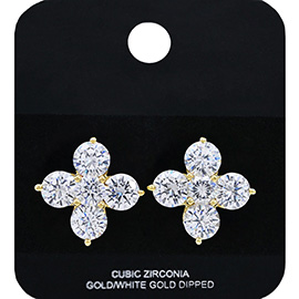 Gold Dipped CZ Stone Cluster Clover Stud Earrings