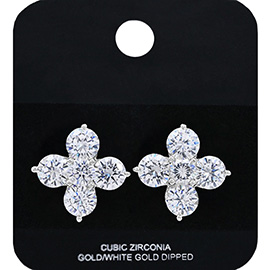 White Gold Dipped CZ Stone Cluster Clover Stud Earrings