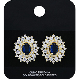 Gold Dipped Oval Halo CZ Stone Stud Earrings
