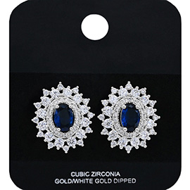 White Gold Dipped Oval Halo CZ Stone Stud Earrings