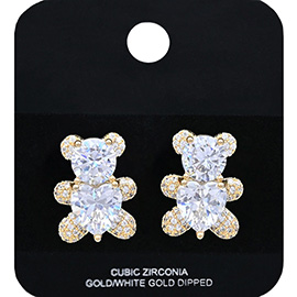 Gold Dipped Teddy Bear CZ Stone Stud Earrings