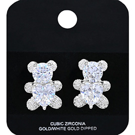 White Gold Dipped Teddy Bear CZ Stone Stud Earrings