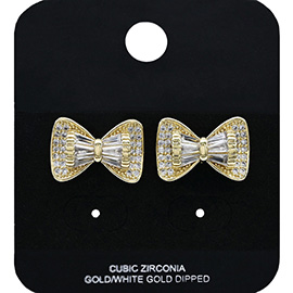 Gold Dipped CZ Stone Bow Stud Earrings
