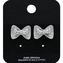 White Gold Dipped CZ Stone Bow Stud Earrings