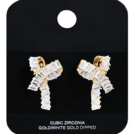Gold Dipped Baguette CZ Stone Bow Stud Earrings
