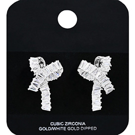 White Gold Dipped Baguette CZ Stone Bow Stud Earrings