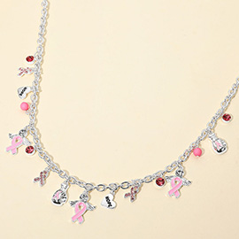 Awareness Message Pink Ribbon Heart Angel Charm Station Necklace