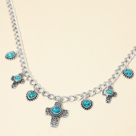 Vintage Stone Accent Cross Heart Charm Station Necklace