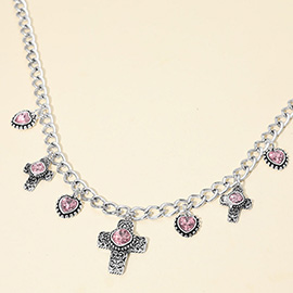 Vintage Stone Accent Cross Heart Charm Station Necklace