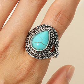 Western Vintage Intricate Detailing Teardrop Stone Statement Stretch Ring