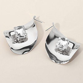 Faceted Center Stone Accent Sculpted Wave Metal Plate Earrings
