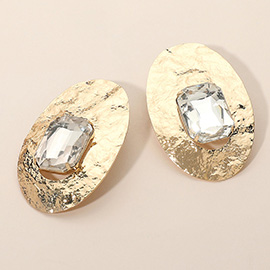 Faceted Rectangle Center Stone Accent Hammered Oval Metal Plate Earrings