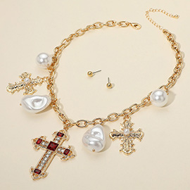 Bold Natural Shaped Pearl Stone Accent Cross Charm Station Statement Necklace