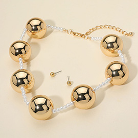 Bold Metal Ball Pearl Beaded Statement Necklace