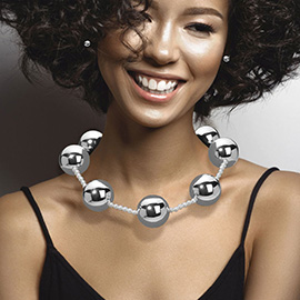 Bold Metal Ball Pearl Beaded Statement Necklace