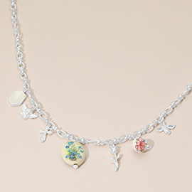 Vintage Floral Ceramic Charm Metal Angel Flower Stem Honey Bee Charm Station Necklace
