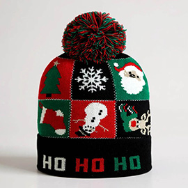 HO HO HO Christmas Theme Pattern Pom Pom Winter Beanie Hat