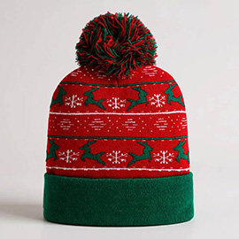 Reindeer Snowflake Pattern Pom Pom Winter Beanie Hat