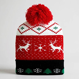 Reindeer Snowflake Christmas Tree Pattern Pom Pom Winter Beanie Hat