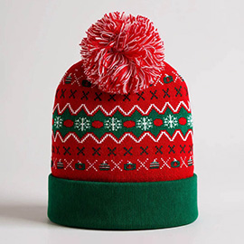 Christmas Theme Pattern Pom Pom Winter Beanie Hat