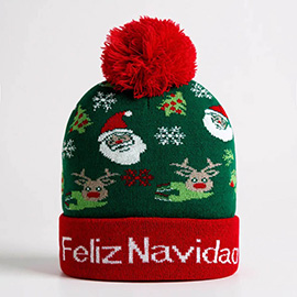 Feliz Navidad Santa Reindeer Snowflake Pattern Pom Pom Winter Beanie Hat