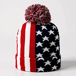 America USA Flag Pom Pom Winter Beanie Hat