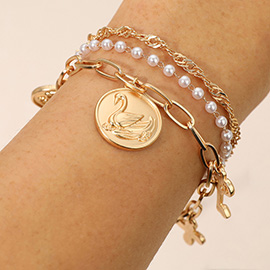 3PCS - Flower Swan Embossed Medallion Key Cross Pearl Charm Station Multi Layered Bracelets