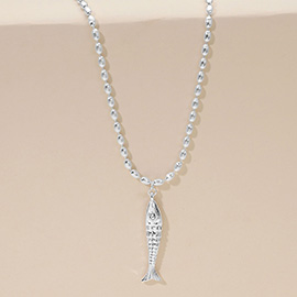 Brushed Metal Fish Pendant Beaded Chain Necklace
