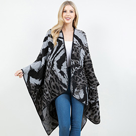 Open Front Abstract Animal Pattern Print Shawl Wrap Poncho with Loop