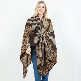 Open Front Abstract Animal Pattern Print Shawl Wrap Poncho with Loop