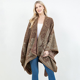 Open Front Baroque Floral Border Print Shawl Wrap Poncho with Loop