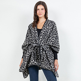 Open Front Leopard Pattern Wrap Poncho with Belt