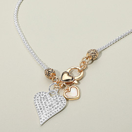 Stone Paved Mother of Pearl Heart Charm Pendant Necklace