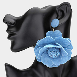 Oversized Denim Fabric Flower Drop Dangle Earrings