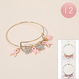 12PCS - Awareness Pink Ribbon Charm Butterfly Accents Bangle Bracelets