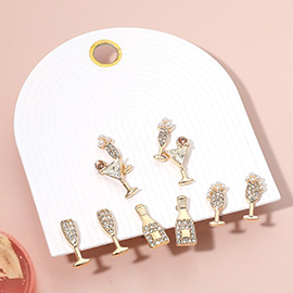 5Pairs - Sparkling Detailed Champagne Celebration Themed Stud Earring Set