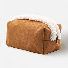 Sherpa Trim Faux Suede Pouch Bag