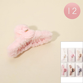12PCS - Fuzzy Fur Plush Bow Bunny Hair Claw Clips
