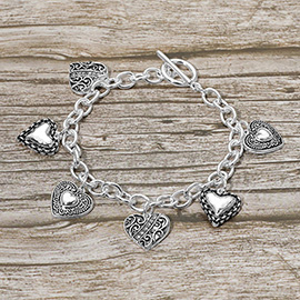 Antique Metal Heart Charm Station Toggle Bracelet