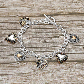 Antique Metal Heart Charm Station Toggle Bracelet