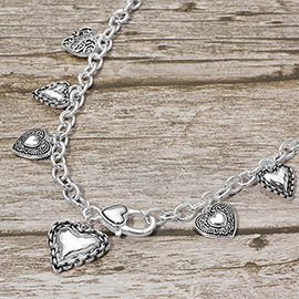 Antique Metal Heart Charm Station Necklace