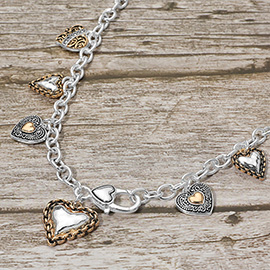 Antique Metal Heart Charm Station Necklace