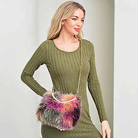 Pearl and Chain Strap Fluffy Fuzzy Faux Fur Handbag / Crossbody Bag
