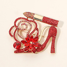 Rhinestone Embellished Flower Accent Glam High Heel Lipstick Pin Brooch