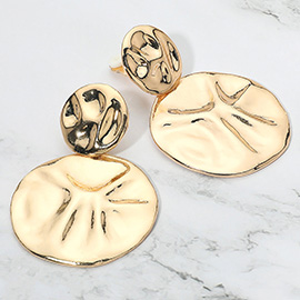 Bold Textured Metal Disc Drop Clip On Earrings