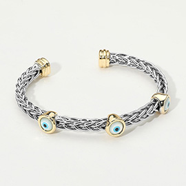Evil Eye Bezel Accent Two Tone Braided Cuff Bracelet